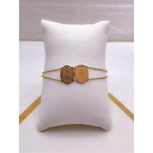 PULSEIRA AÇO INOXIDAVEL ESTILO ESCAPULARIO SÃO BENTO - DOURADA