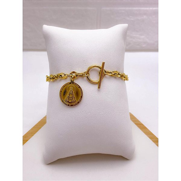 PULSEIRA AÇO INOXIDAVEL FECHO T PINGENTE NOSSA SENHORA APARECIDA - DOURADA