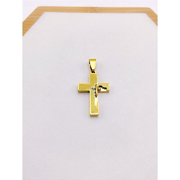 PINGENTE AÇO INOXIDÁVEL CRUCIFIXO PAI NOSSO - DOURADO