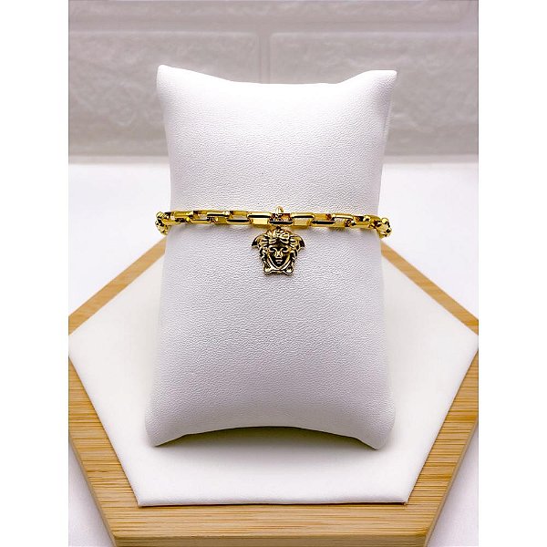 PULSEIRA AÇO INOX TIJOLINHO PINGENTE MEDUSA - DOURADA