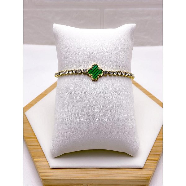 PULSEIRA AÇO INOX RIVIERA TREVO VERDE- DOURADA