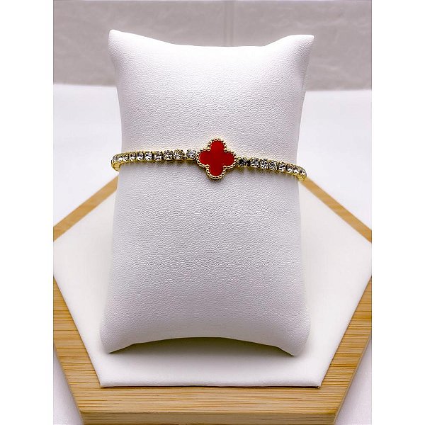 PULSEIRA AÇO INOX RIVIERA TREVO VERMELHO - DOURADA