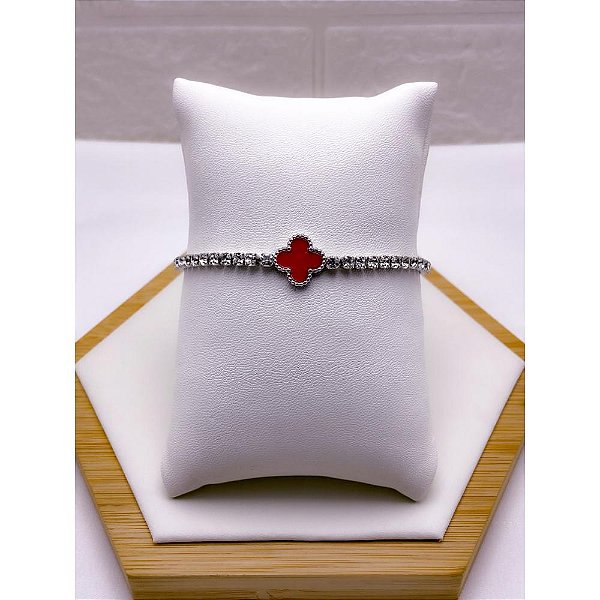PULSEIRA AÇO INOX RIVIERA TREVO VERMELHO - PRATEADA
