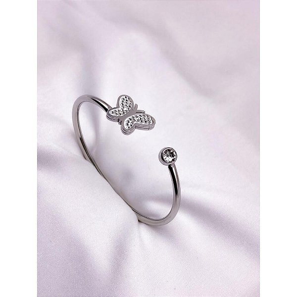 BRACELETE AÇO INOXIDAVEL BORBOLETA CRAVEJADO STRASS PEDRA CRISTAL - PRATEADO