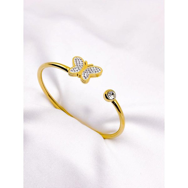 BRACELETE AÇO INOXIDAVEL BORBOLETA CRAVEJADO STRASS PEDRA CRISTAL - DOURADO