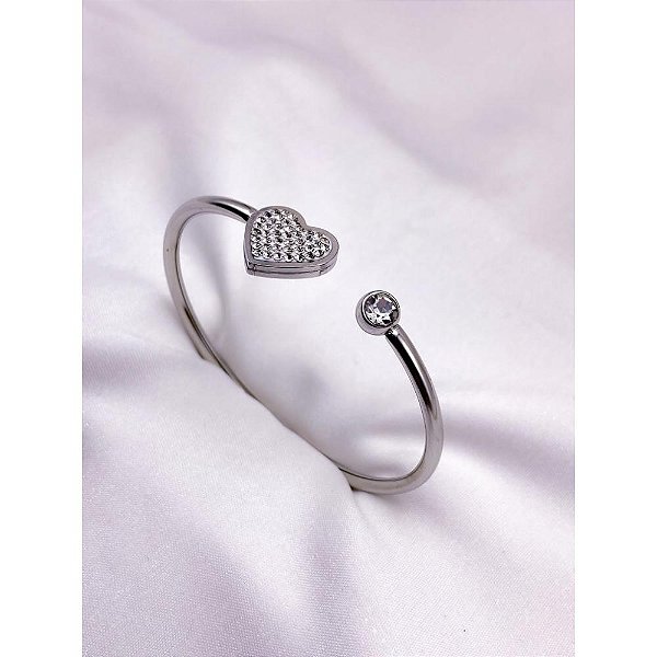 BRACELETE AÇO INOXIDAVEL CORAÇÃO CRAVEJADO STRASS PEDRA CRISTAL - PRATEADO