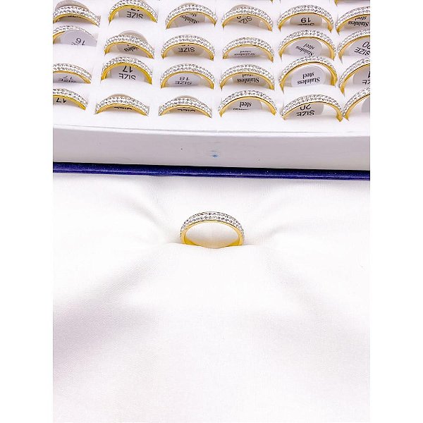 ANEL AÇO INOXIDÁVEL 3MM CRAVEJADA STRASS 2 TIRAS - DOURADO