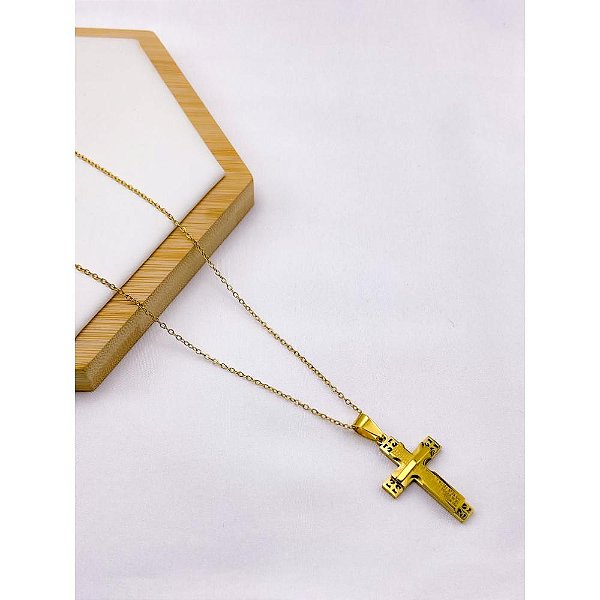 CORRENTE DE AÇO INOX 60 CM PINGENTE CRUCIFIXO - DOURADA