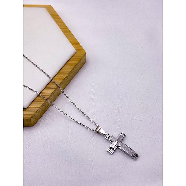 CORRENTE DE AÇO INOX 60 CM PINGENTE CRUCIFIXO - PRATEADA