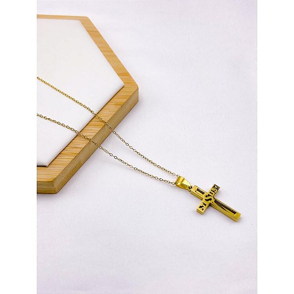 CORRENTE DE AÇO INOX 60 CM PINGENTE CRUCIFIXO - DOURADA