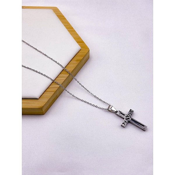 CORRENTE DE AÇO INOX 60 CM PINGENTE CRUCIFIXO - PRATEADA