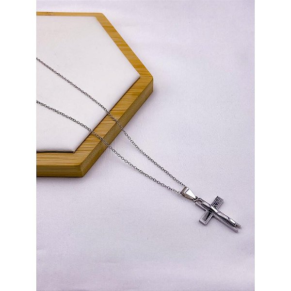 CORRENTE DE AÇO INOX 60 CM PINGENTE CRUCIFIXO - PRATEADA