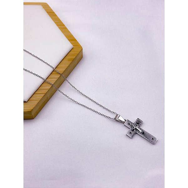 CORRENTE DE AÇO INOX 60 CM PINGENTE CRUCIFIXO - PRATEADA