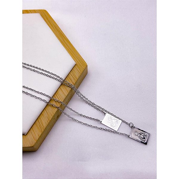 ESCAPULARIO AÇO INOXIDÁVEL  60CM PINGENTE SÃO JORGE E SAGRADO CORAÇÃO DE JESUS - PRATEADO