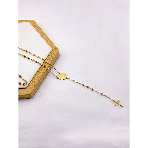 TERÇO BOLINHAS 60CM AÇO INOXIDÁVEL SÃO BENTO - DOURADO