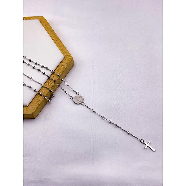 TERÇO BOLINHAS 60CM AÇO INOXIDÁVEL SÃO BENTO - PRATEADO