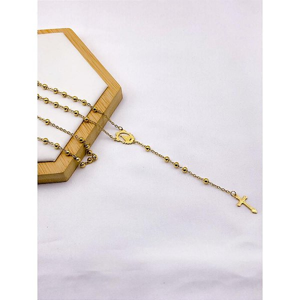 TERÇO BOLINHAS 60CM AÇO INOXIDÁVEL NOSSA SENHORA - DOURADO