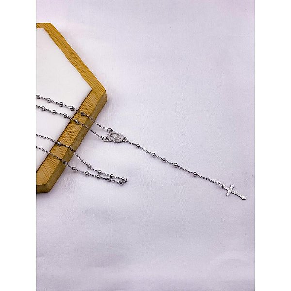 TERÇO BOLINHAS 60CM AÇO INOXIDÁVEL NOSSA SENHORA - PRATEADO