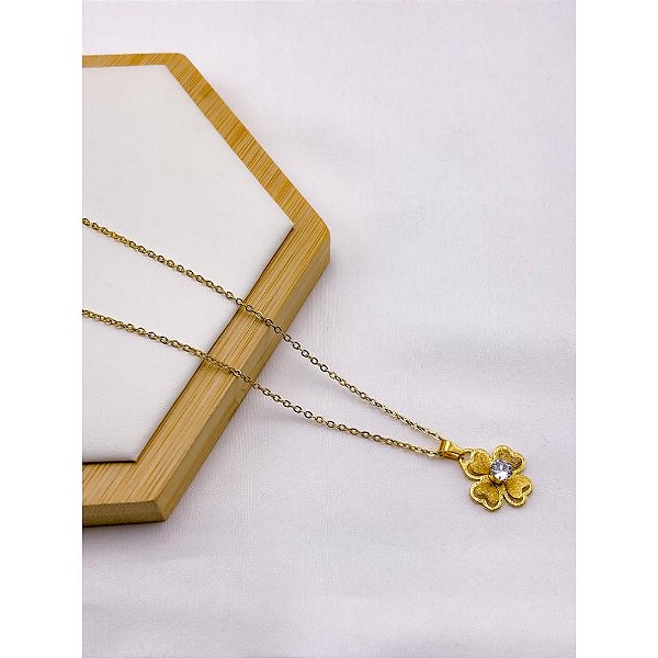 COLAR AÇO INOXIDÁVEL  45CM BOLINHAS PINGENTE FLOR 3D COM PEDRA CRISTAL - DOURADO