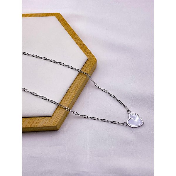 COLAR AÇO INOXIDÁVEL  45CM CORAÇÃO PEROLADO - PRATEADO