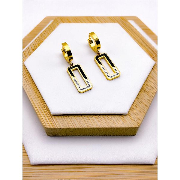 ARGOLINHA CLICK AÇO INOXIDÁVEL PINGENTE GEOMETRICO CRAVEJADO PEROLADO E PRETO - DOURADO