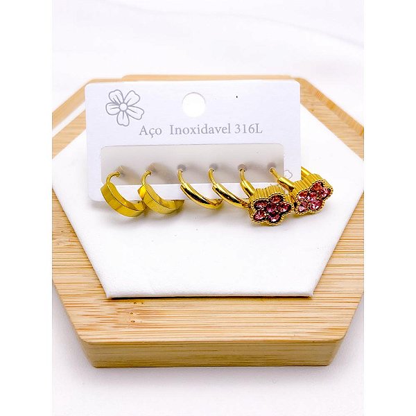 CARTELA TRIO ARGOLINHA CLICK AÇO INOXIDÁVEL FLOR ROSA - DOURADO