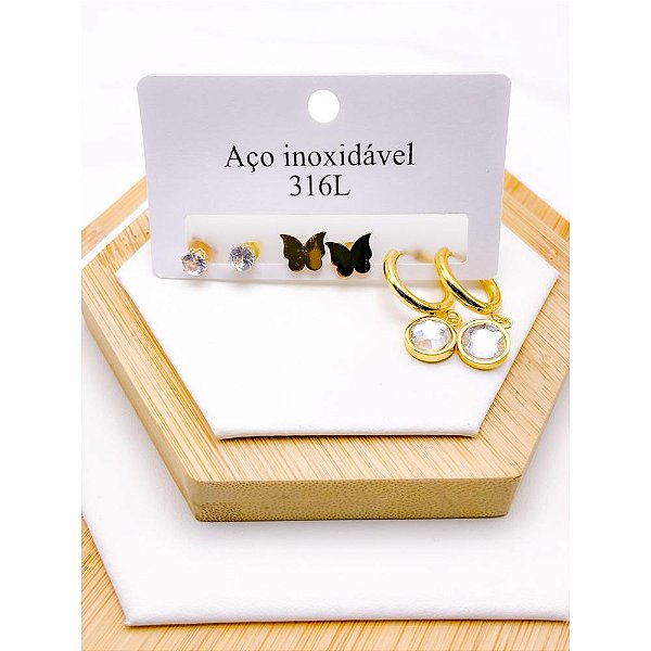 CARTELA TRIO ARGOLINHA CLICK AÇO INOXIDÁVEL PINGENTE CRISTAL - DOURADO