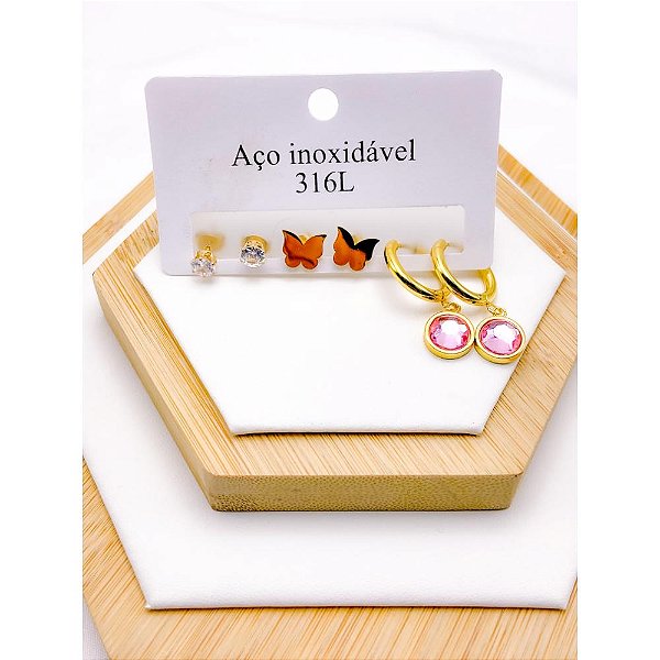 CARTELA TRIO ARGOLINHA CLICK AÇO INOXIDÁVEL PINGENTE ROSA - DOURADO