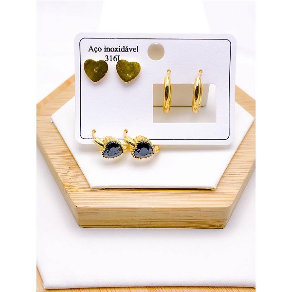 CARTELA TRIO ARGOLINHA CLICK AÇO INOXIDÁVEL CORAÇÃO PRETO - DOURADO