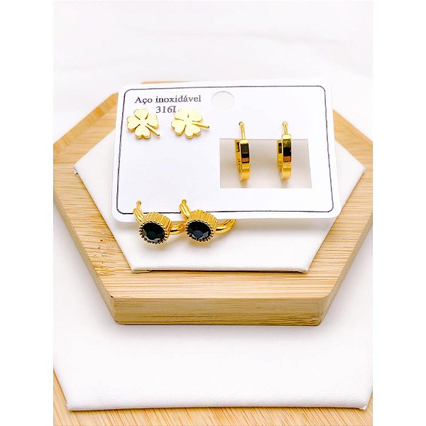 CARTELA TRIO ARGOLINHA CLICK AÇO INOXIDÁVEL PEDRA PRETA - DOURADO
