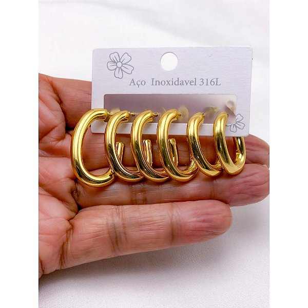 CARTELA TRIO BRINCO AÇO INOXIDÁVEL GEOMETRICO MACIÇO - DOURADO