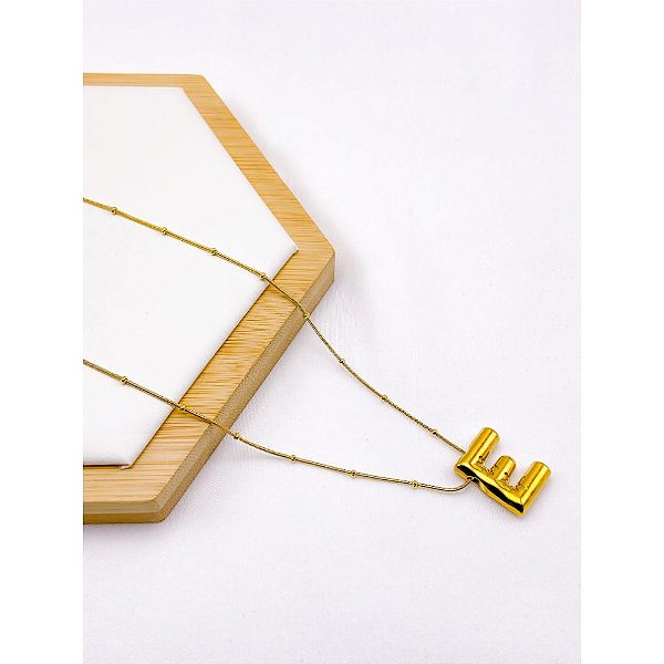 COLAR AÇO INOXIDÁVEL  45CM PINGENTE LETRA "E" - DOURADO