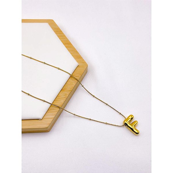 COLAR AÇO INOXIDÁVEL  45CM PINGENTE LETRA "F" - DOURADO