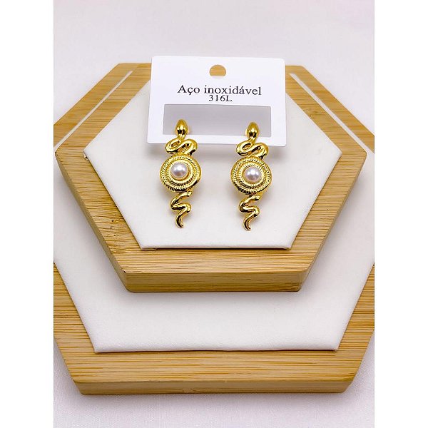 BRINCO AÇO INOXIDÁVEL SERPENTE COM PEROLA - DOURADO