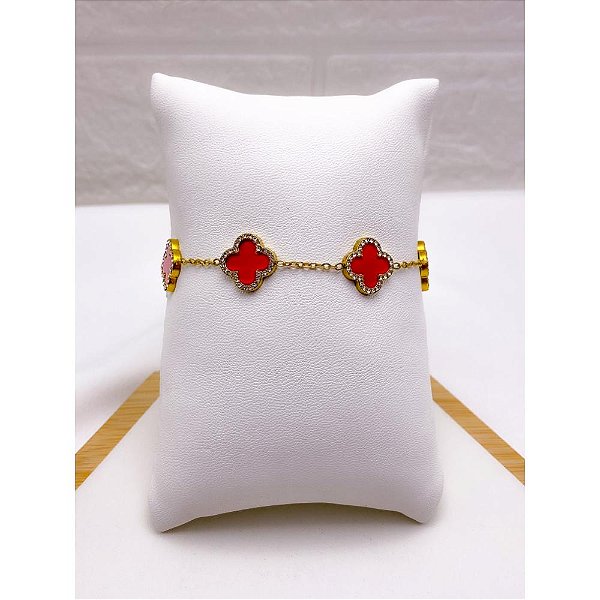 PULSEIRA AÇO INOX  TREVO CRAVEJADO VERMELHO - DOURADA