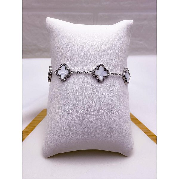 PULSEIRA AÇO INOX  TREVO CRAVEJADO PEROLADO - PRATEADA