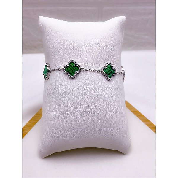 PULSEIRA AÇO INOX  TREVO CRAVEJADO VERDE - PRATEADA