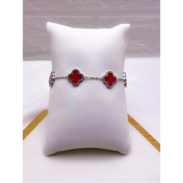 PULSEIRA AÇO INOX  TREVO CRAVEJADO VERMELHO - PRATEADA