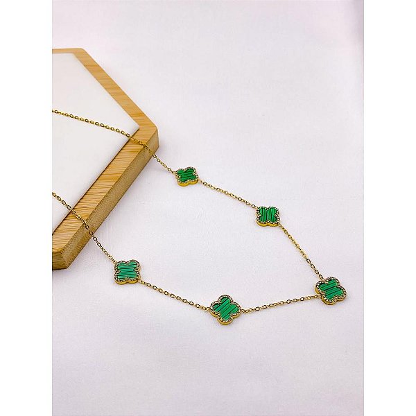 COLAR AÇO INOXIDÁVEL  45CM TREVO CRAVEJADO VERDE - DOURADO