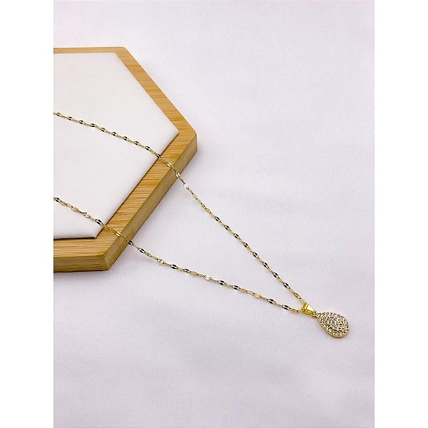 COLAR AÇO INOXIDÁVEL 45M PINGENTE GOTA CRAVEJADO BANHADO - DOURADO