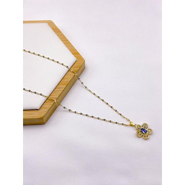 COLAR AÇO INOXIDÁVEL 45M PINGENTE FLOR CRAVEJADO BANHADO - DOURADO