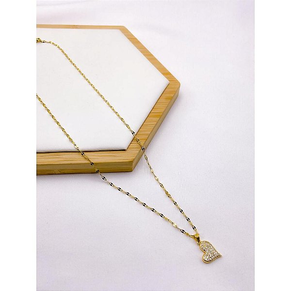 COLAR AÇO INOXIDÁVEL 45M PINGENTE CORAÇÃO CRAVEJADO BANHADO - DOURADO