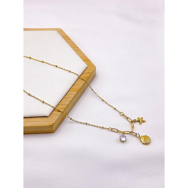 COLAR AÇO INOXIDÁVEL 45M PINGENTE CONCHA  E ESTRELA DO MAR  - DOURADO