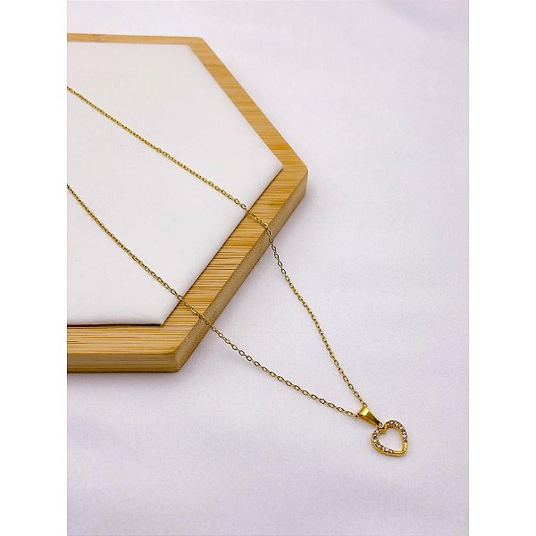 COLAR AÇO INOXIDÁVEL 45M PINGENTE CORAÇÃO PEDRA CRISTAL  - DOURADO