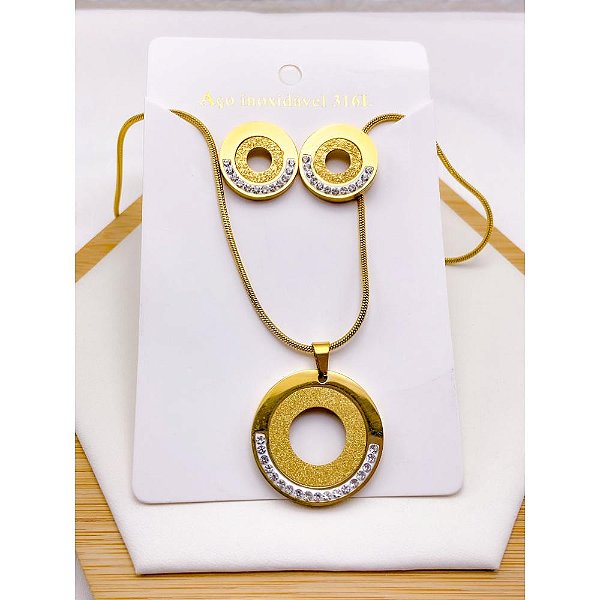 CONJUNTO COLAR  E BRINCO AÇO INOXIDÁVEL  PINGENTE REDONDO PEDRA CRISTAL - DOURADO