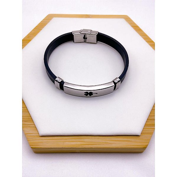 PULSEIRA SILICONE AÇO INOXIDAVEL TREVO 22CM - PRATEADA