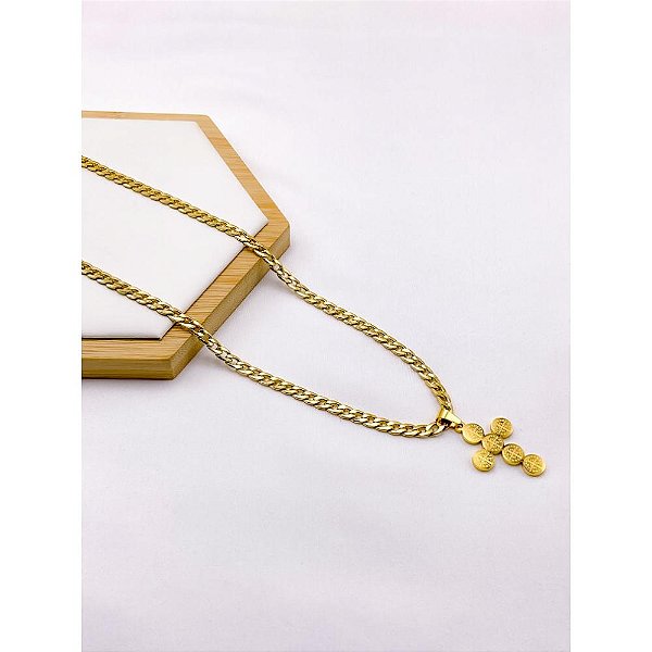 CORRENTE DE AÇO INOXIDAVEL 60CM ELO GRUMET 1.4MM PINGENTE CRUCIFIXO SÃO BENTO - DOURADA