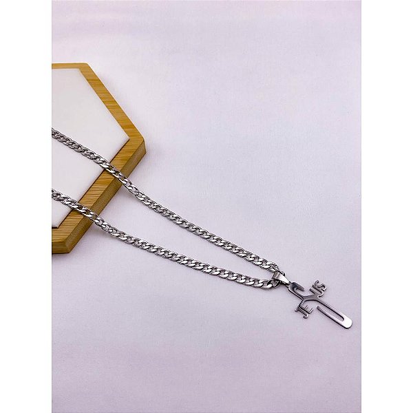 CORRENTE DE AÇO INOXIDAVEL 60CM ELO GRUMET 1.4MM PINGENTE CRUCIFIXO JESUS - PRATEADA