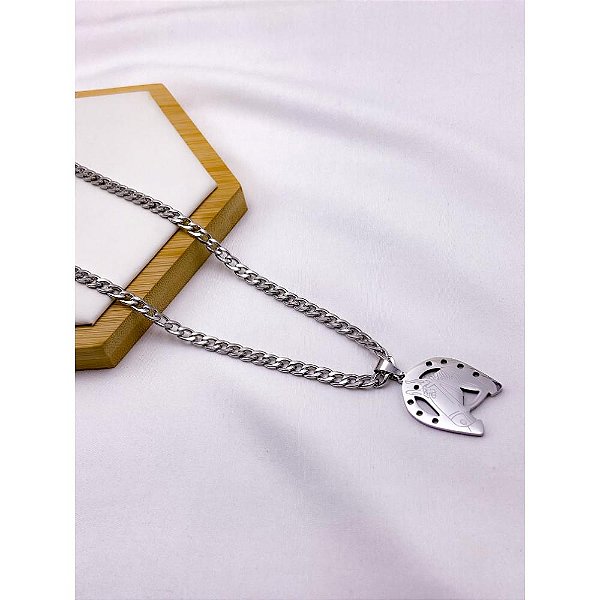 CORRENTE DE AÇO INOXIDAVEL 60CM ELO GRUMET 1.4MM PINGENTE FERRADURA CAVALO - PRATEADA