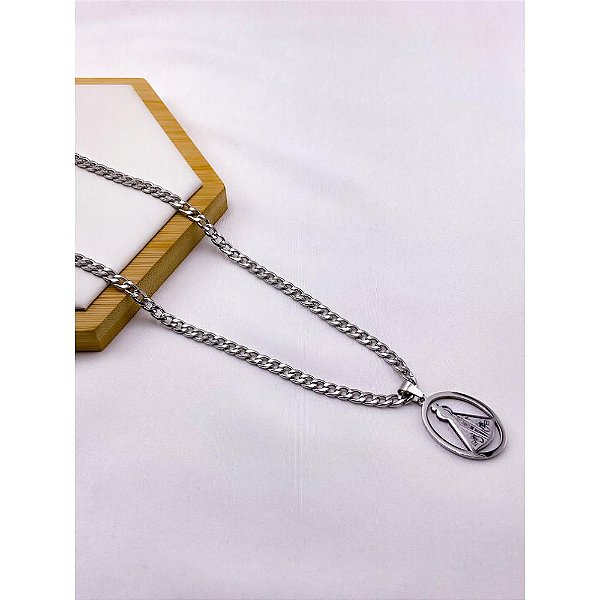 CORRENTE DE AÇO INOXIDAVEL 60CM ELO GRUMET 1.4MM PINGENTE NOSSA SENHORA - PRATEADA